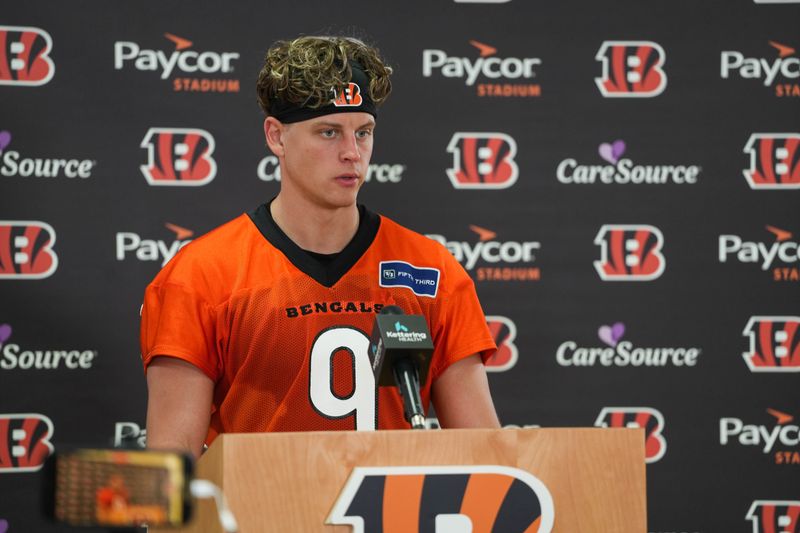 The Cincinnati Bengals Joe Burrow (9) speaks at a press conference after their practice on Tuesday May 20, 2025.