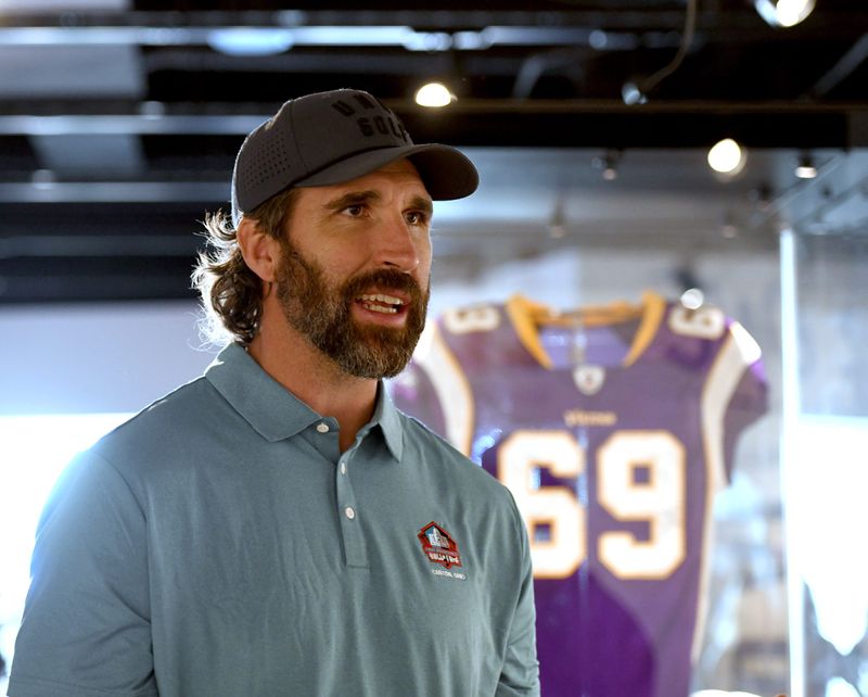 Jared Allen, a member of The Pro Football Hall of Fame's Class of 2025, speaks during an event at the Hall, May 24, 2025.