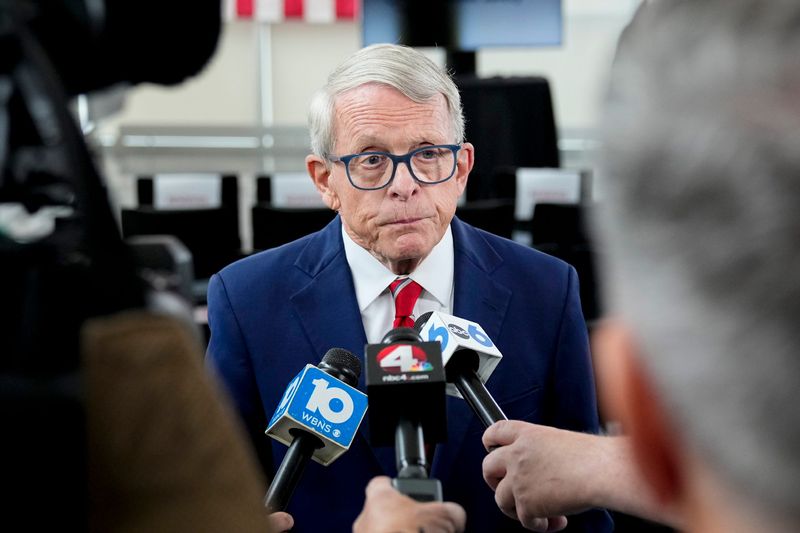 Gov. Mike DeWine comments on the Morrow County sheriff's deputy who died in a Memorial Day shooting after a press conference at the Ohio Department of Public Safety on Tuesday, May 27, 2025 in Columbus, Ohio.