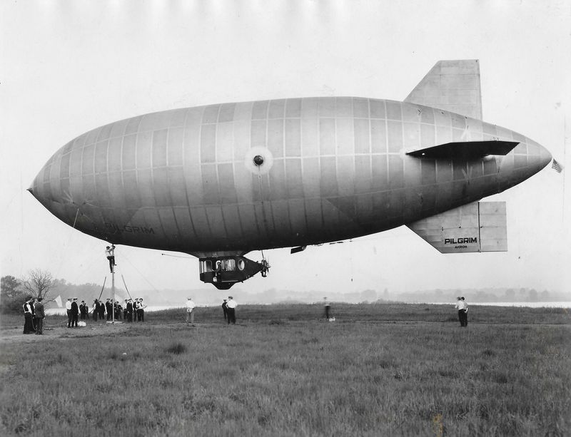 A Wingfoot Lake crew prepares the Goodyear blimp Pilgrim for its first flight June 3, 1925, in Suffield Township. The airship was inflated with hydrogen for its maiden voyage.