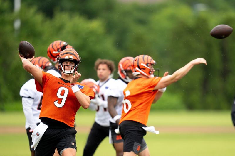 Cincinnati Bengals quarterback Joe Burrow (9) throws a pass during the Cincinnati Bengals practice in Cincinnati on Tuesday, May 27, 2025.