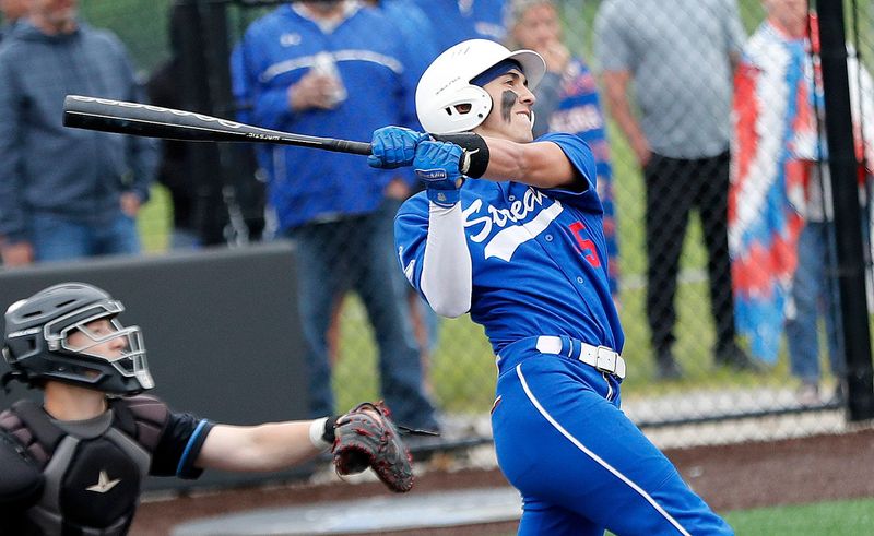 Lake's Anderson Alacchi hits a grand slam during a Division III district semifinal at Alliance High School, Tuesday, May 27, 2025.