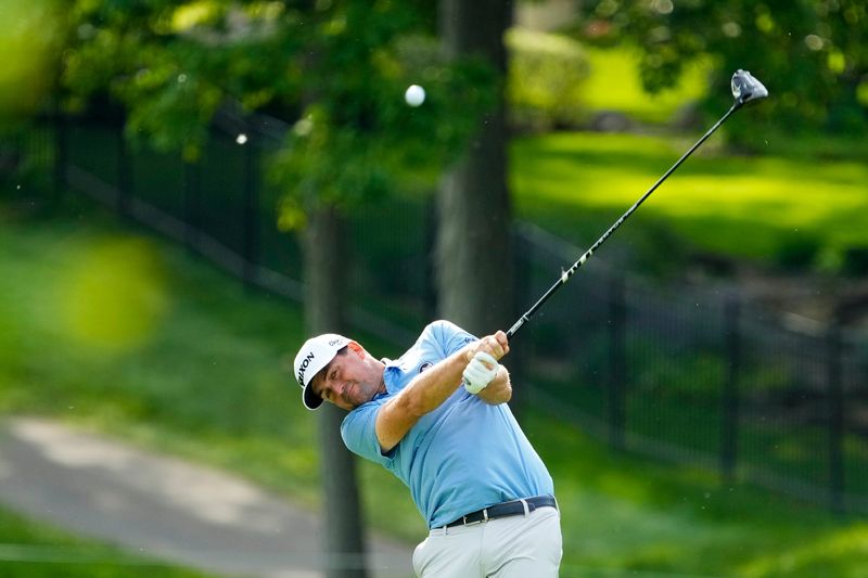 Keegan Bradley tees off on hole No. 18 in the first round of the 2025 Memorial Tournament.