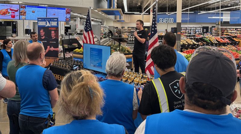 SneakERASERS co-founder and COO Kevin Consolo talks to Walmart associates and customers at the Hilliard Supercenter on May 29, 2025 as part of Walmart's participation in National Small Business Month.