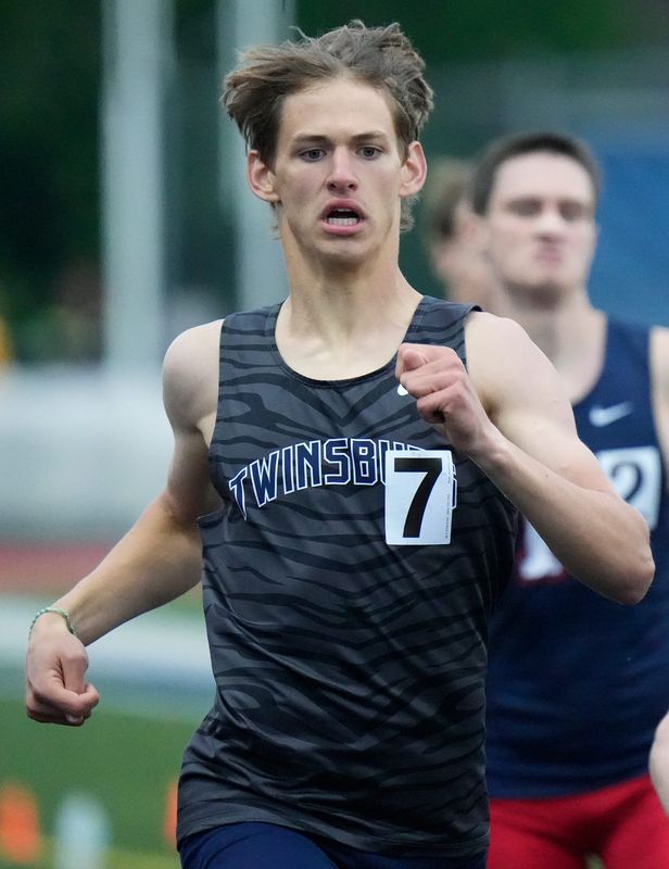 Twinsburg’s Sam Hopp races in the 800 meter run at the Division I regional track meet at Austintown Fitch High School on Friday, May 30, 2025.