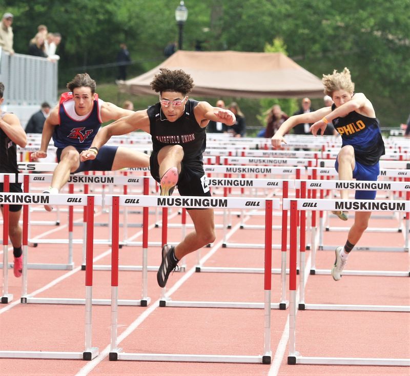 Fairfield Union's Chayse Lipscomb (center) won the 110 hurdles May 31 in a Division II regional record 13.75 seconds.