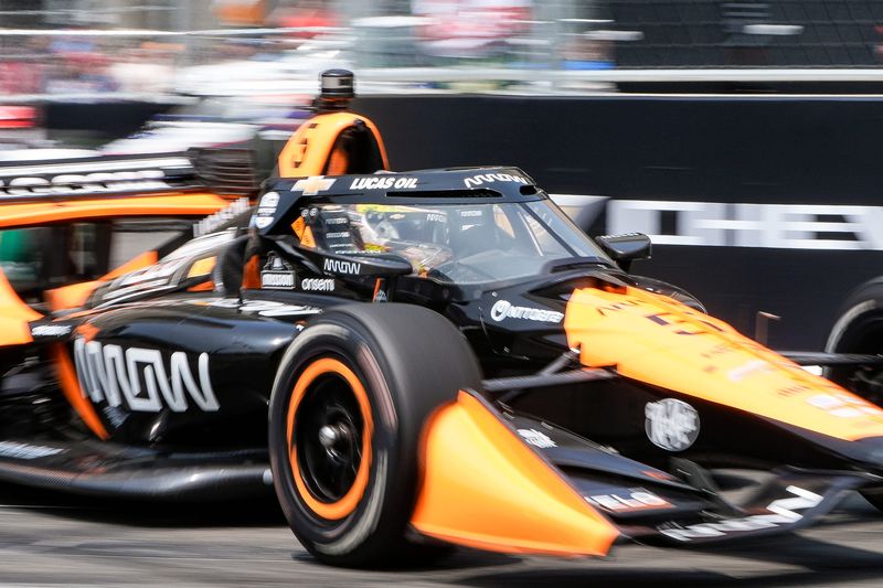 IndyCar driver Arrow McLaren's Pato O’Ward makes his way around Turn 3 during Detroit Grand Prix in Detroit on Sunday, June 1.