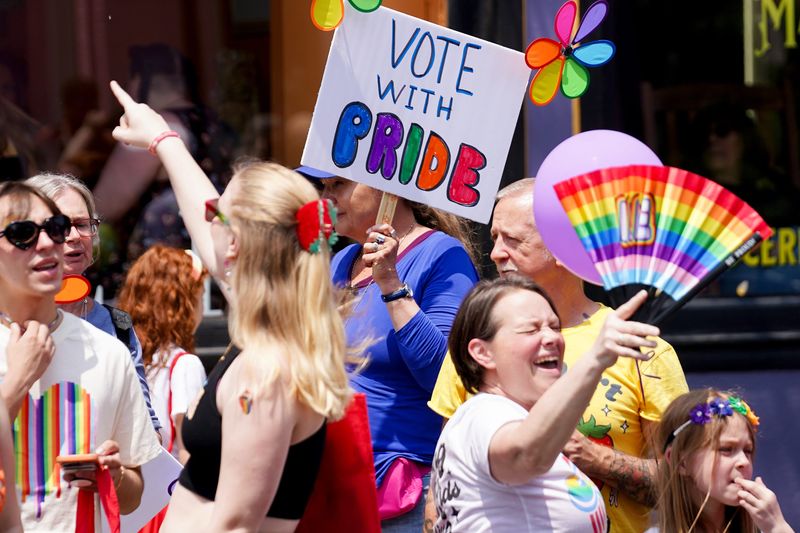 during the Northern Kentucky Pride Parade, Sunday, June 1, 2025, in Covington, Ky.