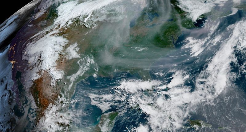 Smoke from wildfires in Canada can be seen on visible satellite imagery reaching deep into southeast U.S. on June 2, 2025.