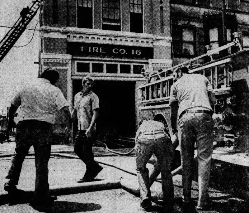 Crews from Fire Company 16 and five other stations work to put out a fire at Fire Company 16's building.