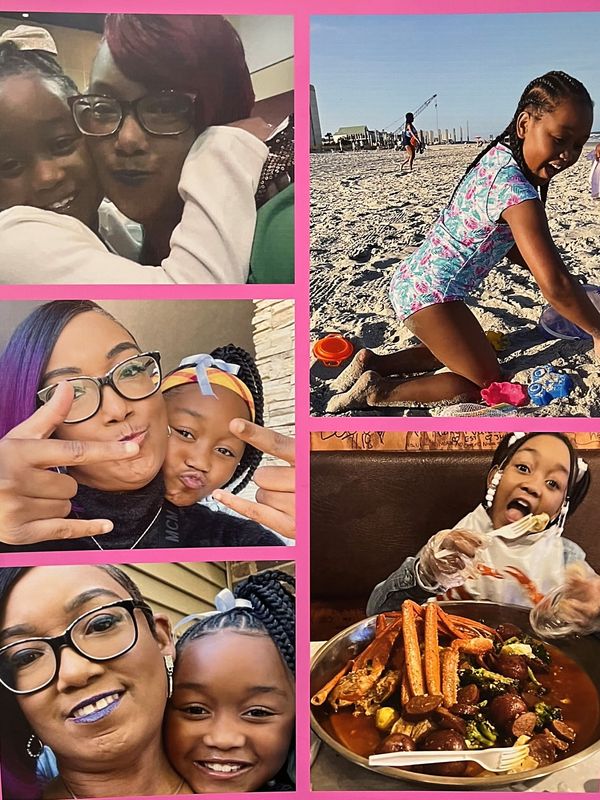 A poster with family photos of Da'Myiah Barton-Pickens who was killed in a July 2023 drive-by shooting.