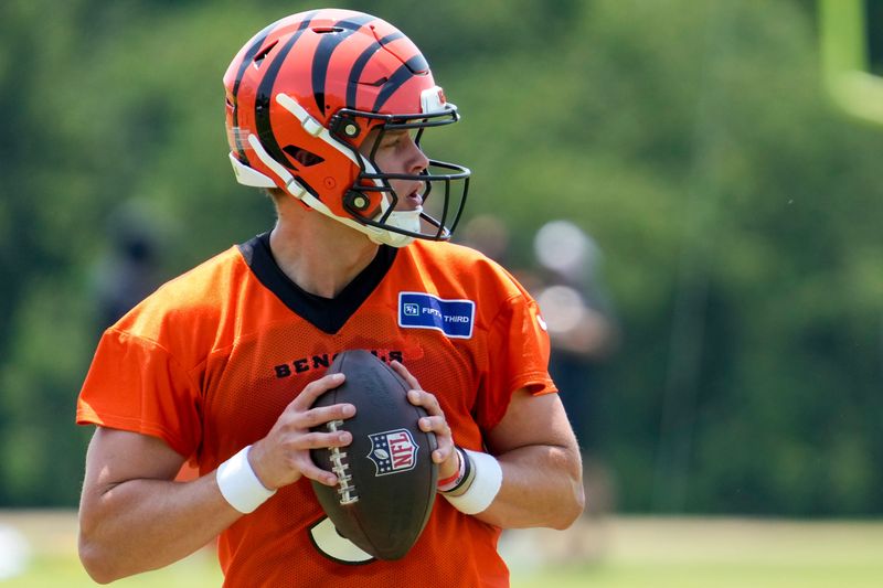 Cincinnati Bengals quarterback Joe Burrow (9) drops back during a session of organized team activities on the Bengals practice field at Paycor Stadium in downtown Cincinnati on Tuesday, June 3, 2025.