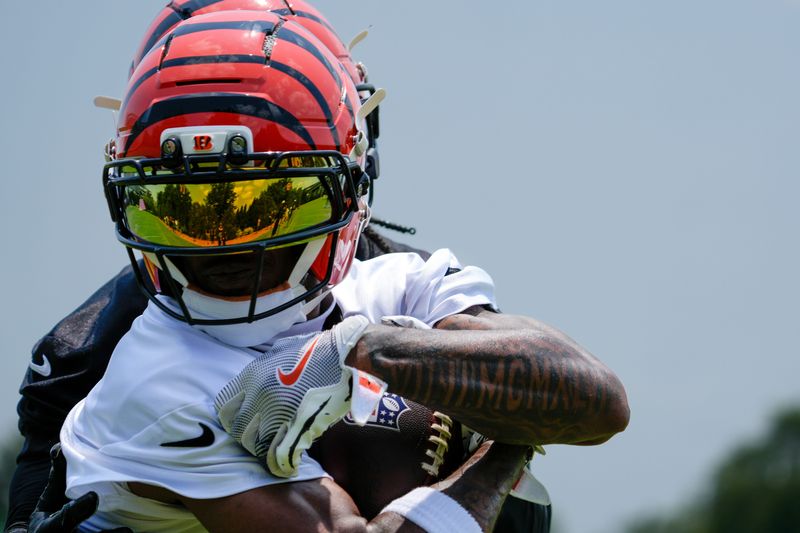 Cincinnati Bengals wide receiver Ja'Marr Chase (1) pulls in a catch during a session of organized team activities on the Bengals practice field at Paycor Stadium in downtown Cincinnati on Tuesday, June 3, 2025.