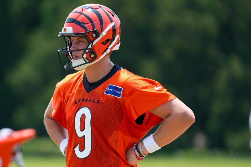 Cincinnati Bengals quarterback Joe Burrow (9) looks on between plays during a session of organized team activities on the Bengals practice field at Paycor Stadium in downtown Cincinnati on Tuesday, June 3, 2025.