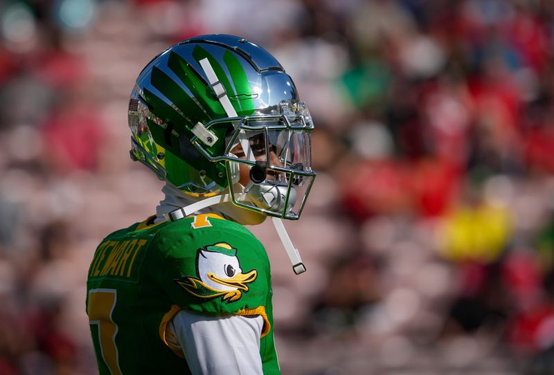 Oregon wide receiver Evan Stewart walks the field during warmups as the Oregon Ducks face the Ohio State Buckeyes Wednesday, Jan. 1, 2025, in the quarterfinal of the College Football Playoff at the Rose Bowl in Pasadena, Calif.