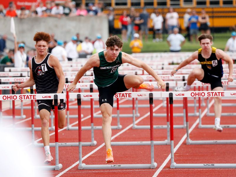 Shenandoah's Braxton Barnett runs the 110 high hurdles during the first day of the annual state track and field meet on Friday, June 6, 2025, at Ohio State's Jesse Owens Memorial Stadium,