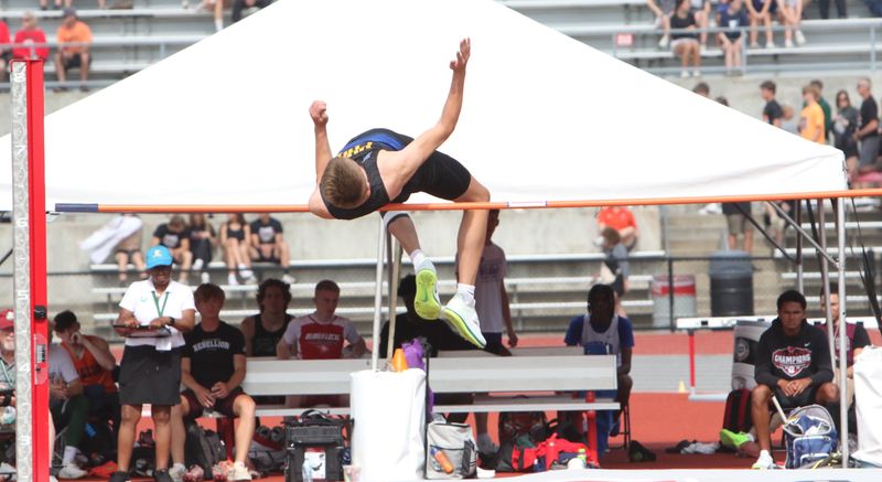 Philo junior Aidan Mahon clears the bar during the Division II boys high jump competition during the Division II state track and field meet on June 7 at Ohio State's Jesse Owens Stadium. Mahon cleared 6-foot-6 to win the state title.