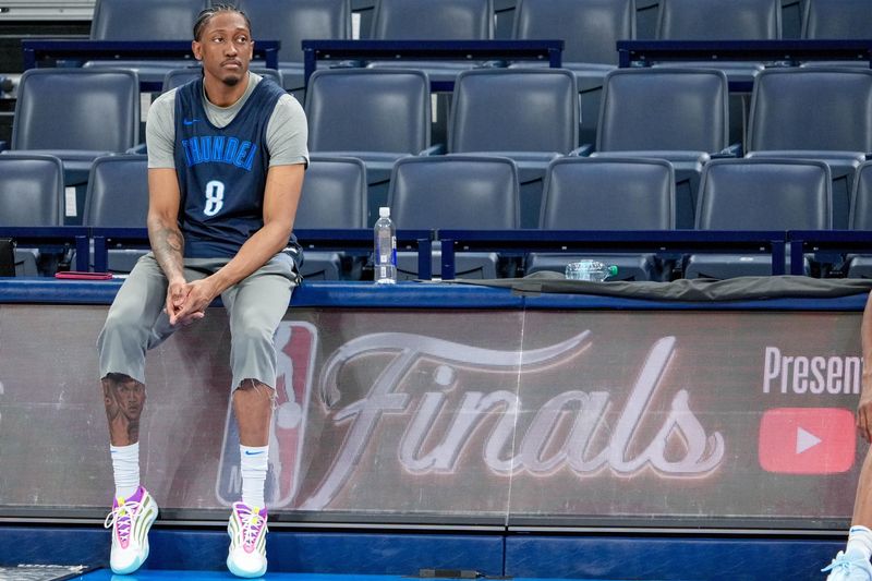 Oklahoma City forward Jalen Williams (8) sits during an NBA Finals practice session ahead of Game 2 at Paycom Center Oklahoma City, on Saturday, June 7, 2025.