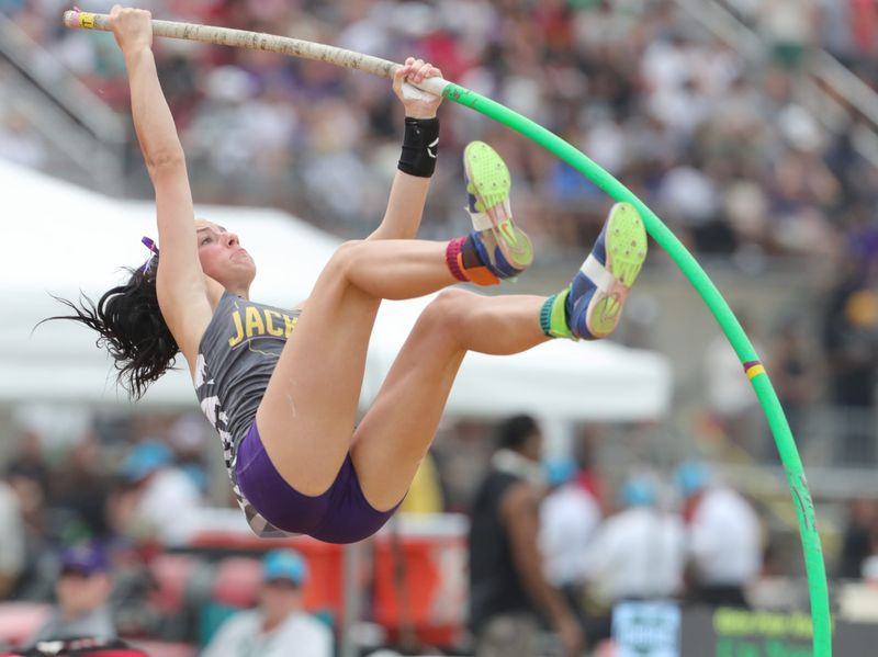 Jackson’s Gabby Whalen competes in the girls pole vault during the Division I state track meet June 7, 2025, in Columbus, Ohio.