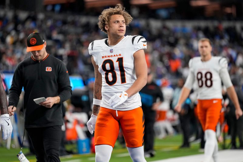 Cincinnati Bengals wide receiver Jermaine Burton (81) walks for the locker room at halftime of the NFL Week 11 game between the Los Angeles Chargers and the Cincinnati Bengals at SoFi Stadium in Inglewood, Calif., on Sunday, Nov. 17, 2024. The Chargers led 24-6 at halftime.