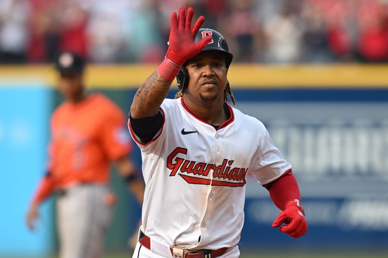 Jun 7, 2025; Cleveland, Ohio, USA; Cleveland Guardians designated hitter Jose Ramirez (11) rounds the bases after hitting a home run during the seventh inning against the Houston Astros at Progressive Field. Mandatory Credit: Ken Blaze-Imagn Images