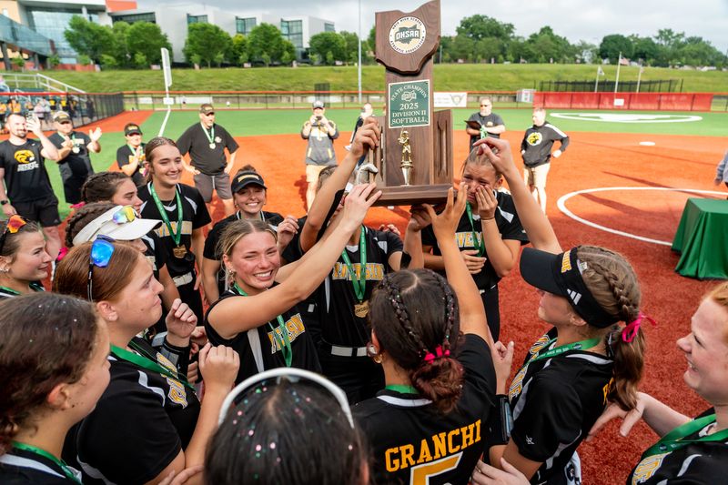 The Painesville Riverside Beavers celebrate their defeat over the Mount Vernon Yellow Jackets in an OHSAA DII State Softball Tournament Championship game, June 8, 2025, in Akron, OH.