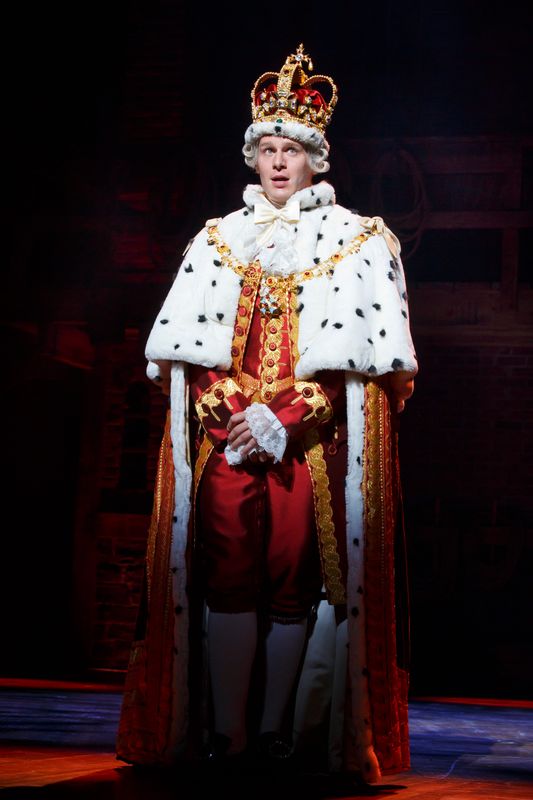 Jonathan Groff as King George III in a scene from the Broadway musical "Hamilton" at the Richard Rodgers Theatre.