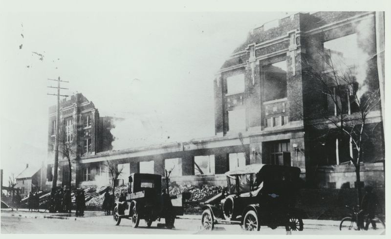 Front facade collapsed on Ross High School in Fremont during construction in 1909.