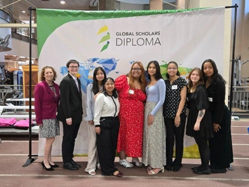Licking Heights had nine students graduate in this year’s Global Scholars Diploma program, an interdisciplinary, three-year program through the Columbus Council on World Affairs. From left: Amy Obhof, advisor; River Wells; Prashna Poudyel; Salina Chimoriya; Yankila Sherpa; Diya Gautam; Marissa Green; Bobbi Koontz; Lely Yadessa.