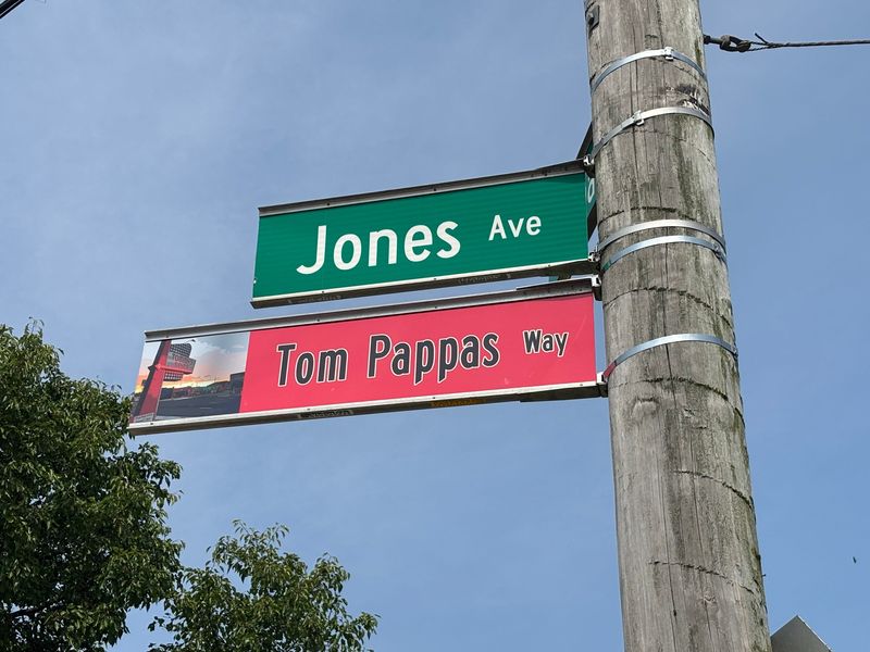 The city of Columbus commemorated Tom Pappas by hanging a sign on June 12, 2025 on Jones Avenue, near Tommy's Diner at 914 West Broad Street.