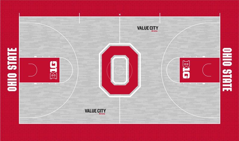 Rendering of the new basketball court that will be installed at Value City Arena for the 2025-26 season.