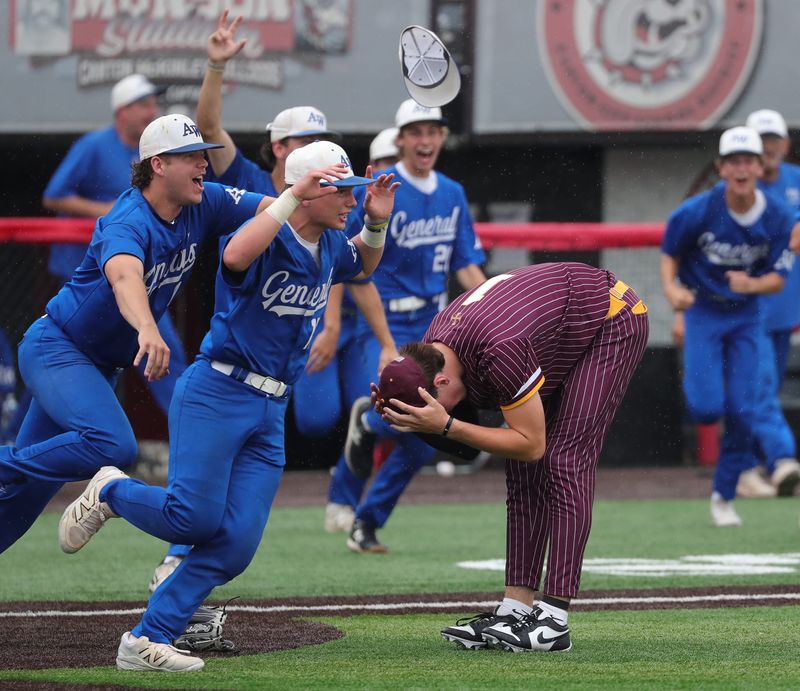 Walsh Jesuit pitcher Josh Pierson reacts as the Anthony Wayne Generals celebrate their walk-off win in the seventh inning of an OHSAA Division II state baseball tournament semifinal at Thurman Munson Stadium, Friday, June 13, 2025, in Canton, Ohio.