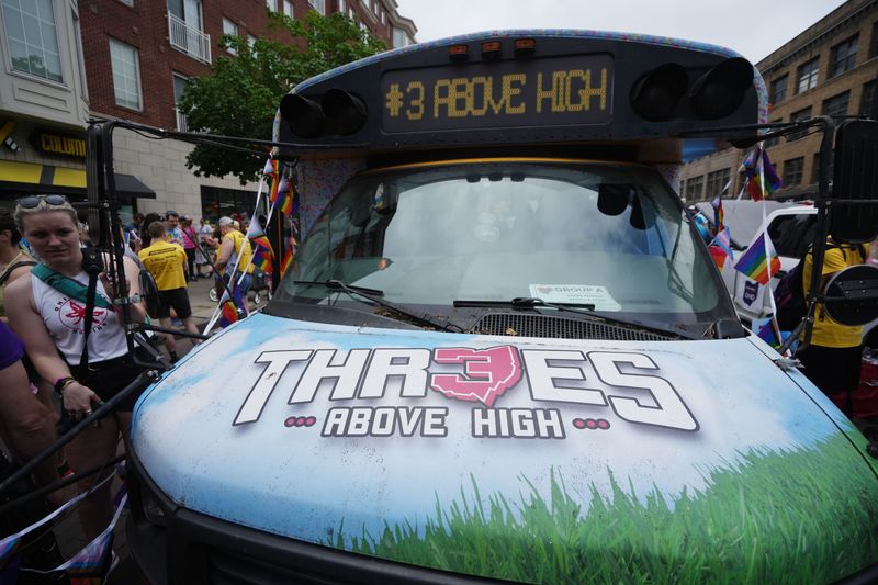 The Ohio State University delegation used a bus belonging to a chain of campus bars during the 2025 Stonewall Columbus Pride Festival and March through downtown Columbus and the Short North Saturday, June 14, 2025.
