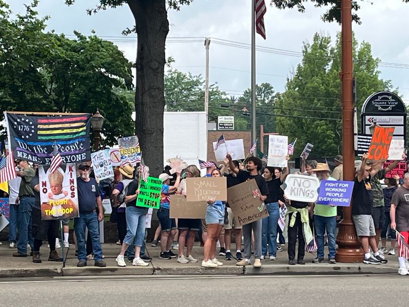 Approximately 750 people gather in downtown Dover to attend the No Kings rally against the Trump administration on June 14, 2025.