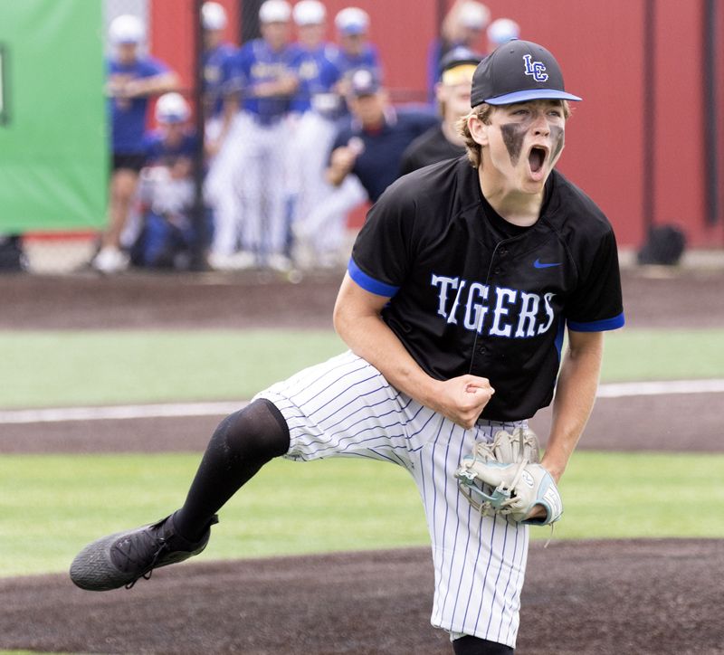 Lake Center Christian pitcher Brayden Myers reacts to the final out of a 10-1 win over Elmwood in a Division VI state semifinal at Munson Stadium, Saturday, June 14, 2025.
