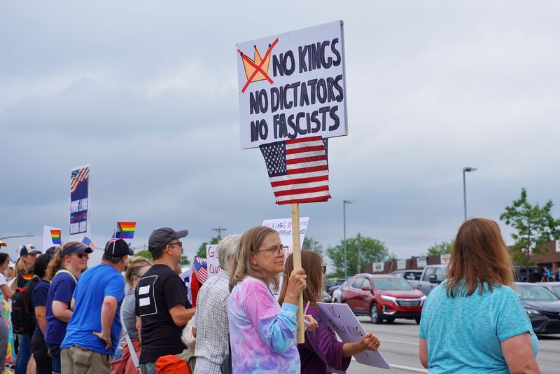 June 14, 2025: Around 700-1,000 protestors gathered at the corner of Refugee Road and 256 in Pickerington, Ohio, as part of a nationwide No Kings movement.