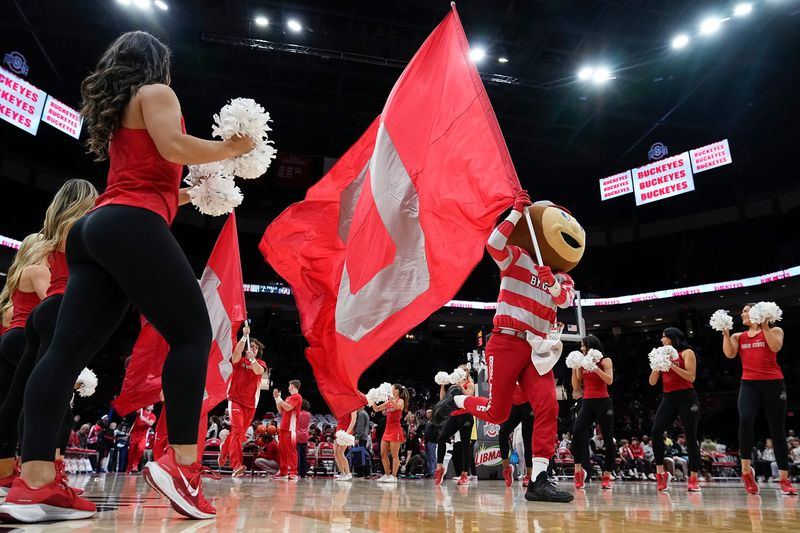 Ohio State Buckeyes mascot Brutus leads the team on the court for the NCAA men's basketball game against the Iowa Hawkeyes at Value City Arena on Jan. 28, 2025.
