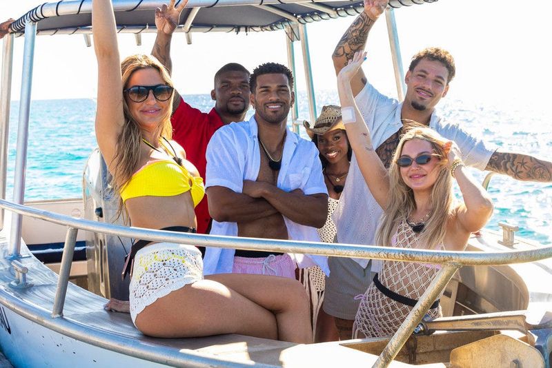 Iris Kendall (from left), Jalen Brown, Jeremiah Brown, Olandria Carthen, Jose “Pepe” Garcia-Gonzalez and Hannah Fields in a scene from Episode 713 of "Love Island USA" season 7.