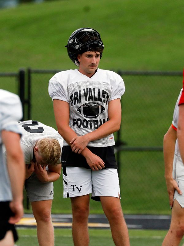 Muskingum Valley All-Stars quarterback Max Lyall, of Tri-Valley, watches practice on June 16 at Jack Anderson Stadium. Lyall is one of three All-Ohio picks at quarterback as Muskingum aims to continue a three-game winning streak against Licking County on June 20 at Licking Heights.