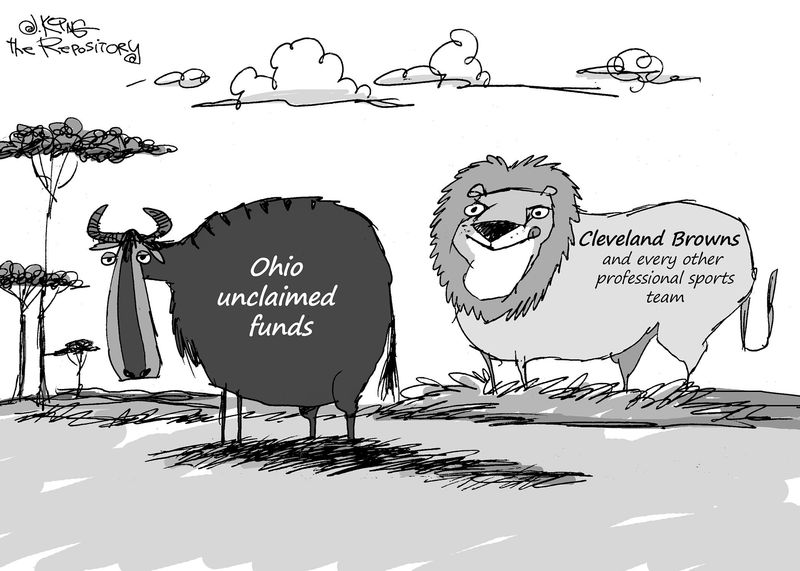 Editorial cartoonist Jerry King knows the Cleveland Browns and other sports teams are ready to pounce on Ohio's unclaimed funds.