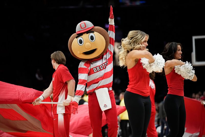 Ohio State Buckeyes mascot Brutus cheers during the second half of the NCAA men's basketball game against the Iowa Hawkeyes at Value City Arena on Jan. 27, 2025. Ohio State won 82-65.