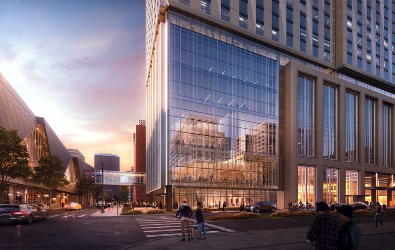 The new convention center hotel will have a skybridge connecting it to the remodeled First Financial Center.