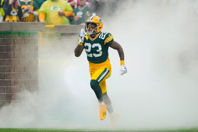 Oct 13, 2024; Green Bay, Wisconsin, USA; Green Bay Packers cornerback Jaire Alexander (23) prior to the game against the Arizona Cardinals at Lambeau Field. Mandatory Credit: Jeff Hanisch-Imagn Images