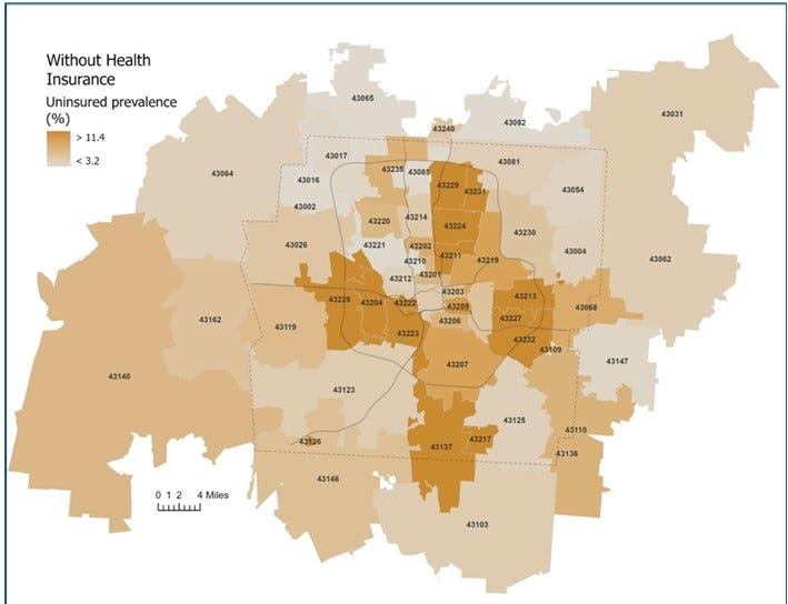 This map of Franklin County details which ZIP codes have the greatest percentages of people without health insurance.
