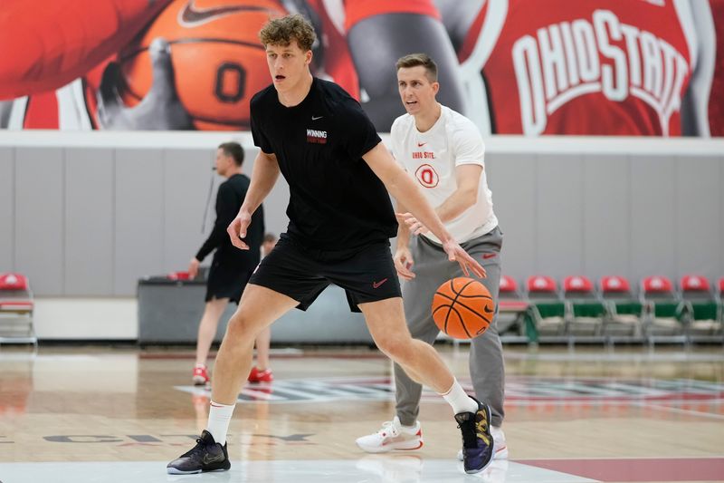 Ohio State Buckeyes center Christoph Tilly dribbles during offseason practice at the Schottenstein Center on June 18, 2025.