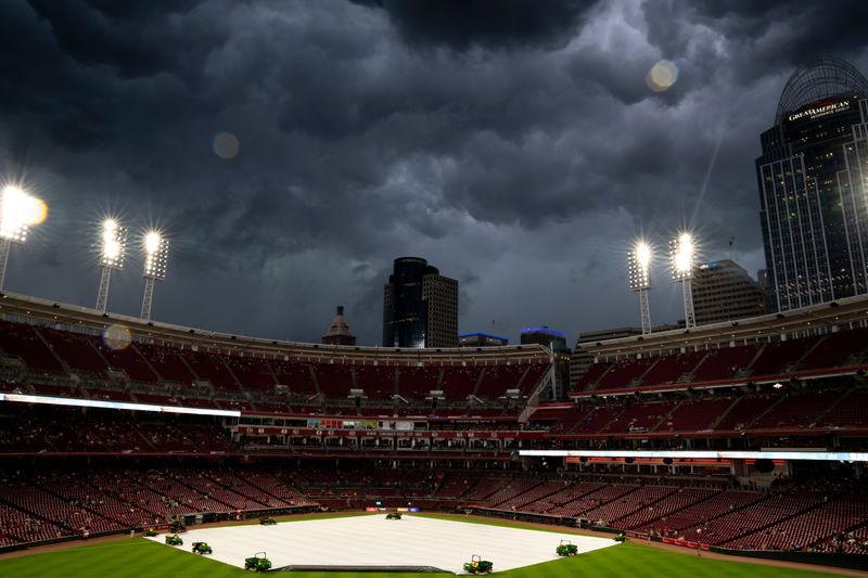 A storm delays the MLB game between Cincinnati Reds and Minnesota Twins at Great American Ball Park in Cincinnati on Wednesday, June 18, 2025.