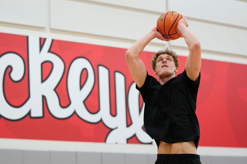 Ohio State Buckeyes center Christoph Tilly shoots during offseason practice at the Schottenstein Center on June 18, 2025.