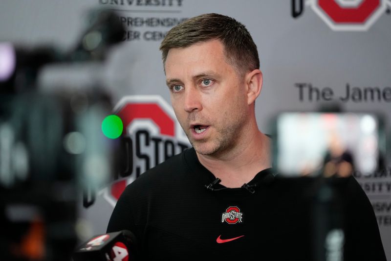 Ohio State basketball head coach Jake Diebler speaks to media prior to an offseason practice at the Schottenstein Center on June 18, 2025.