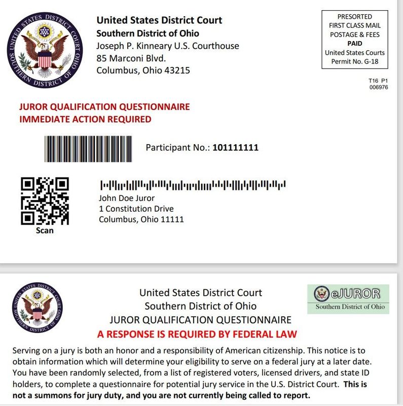 The U.S. District Court for the Southern District of Ohio will be sending these postcards to 100,000 potential jurors. The postcards do not mean a person will be asked to serve on a jury and are not a scam.