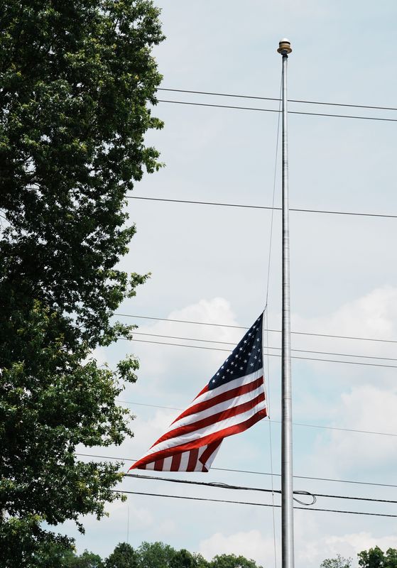 A flag was flown at half staff for Captain Chris Berry outside the Okolona Fire Protection District Station #2 in Louisville, Ky. on June, 20, 2025. Berry drowned while off-duty in a boating accident and was transported from Nashville, Tn.